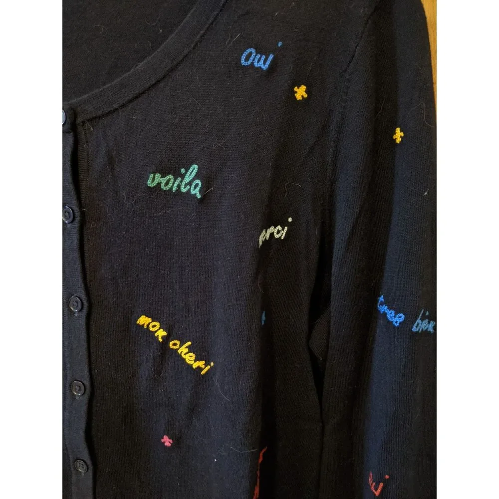 Talbots Charming Cardigan Sweater Navy Embroidered French Phrases Preppy Twee L